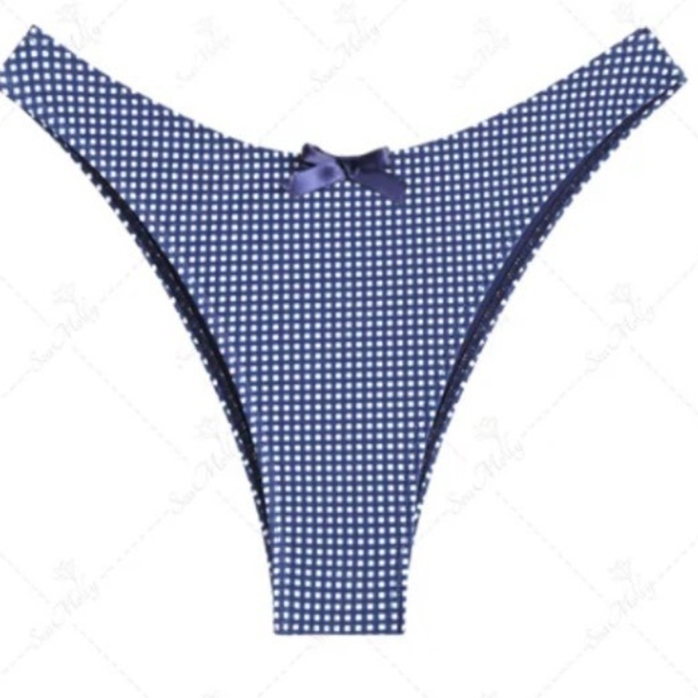 Seamoly Navy Blue‎ Gingham High Cut Bikini Bottom V-Front Bow Detail Size M NEW